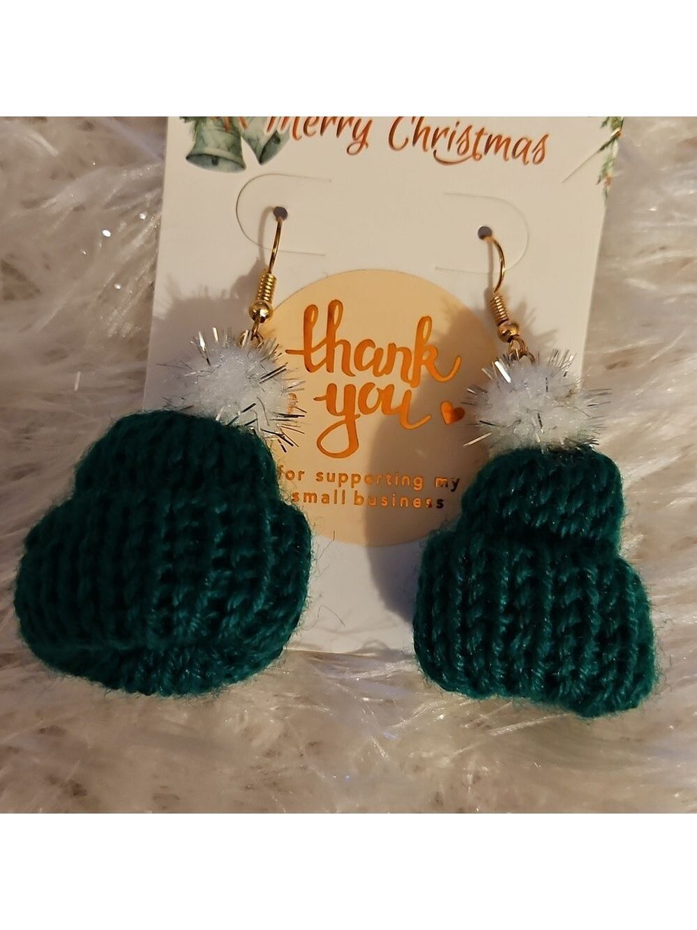 Handmade Jewelry Hand Knit Mini Christmas Hat Green white and silver pom-pom 2" - Picture 7 of 8